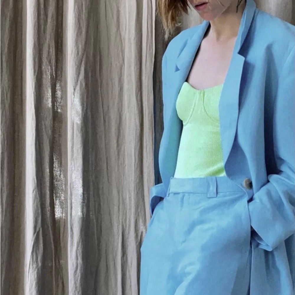 ZARA Women's Single Button Oversized Long Blazer(Sky blue, US S /EUR S)